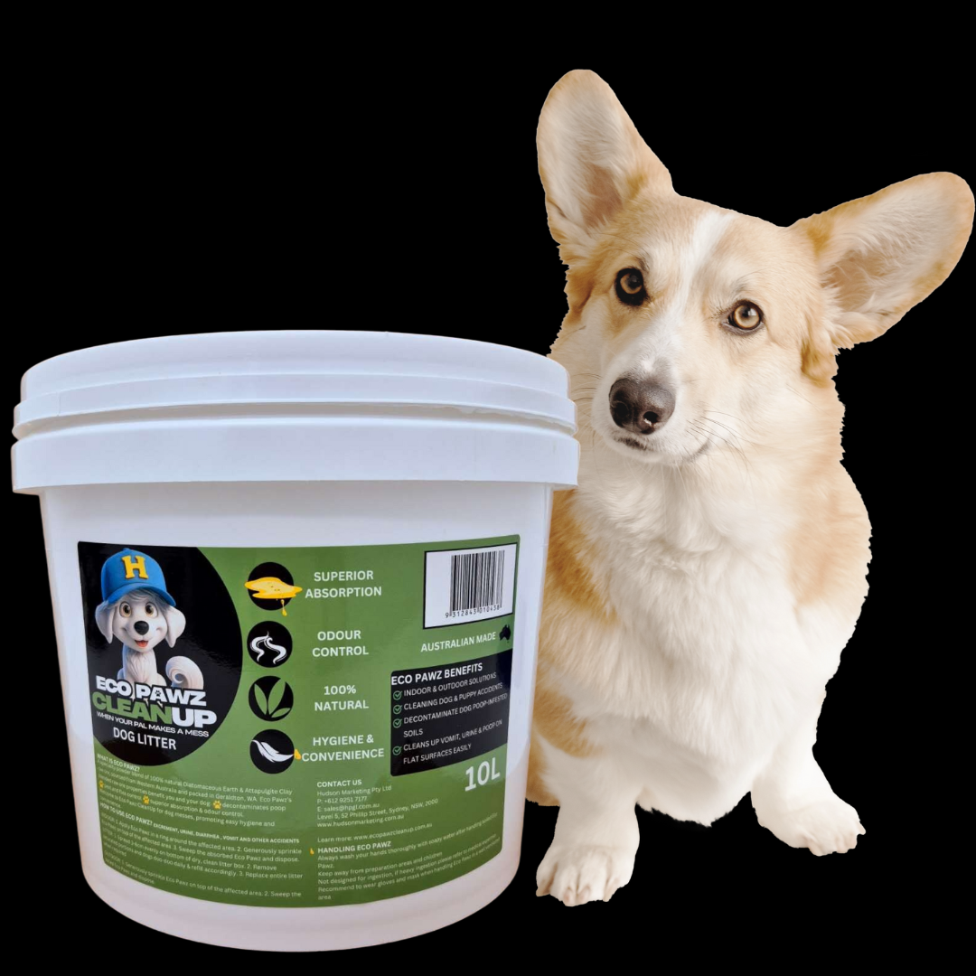 Eco Pawz CleanUp® 10L tub — your eco-friendly odour control essential! This natural mineral blend absorbs dog urine, eliminates ammonia smells, and refreshes lawns, kennels, and pet areas without harsh chemicals.