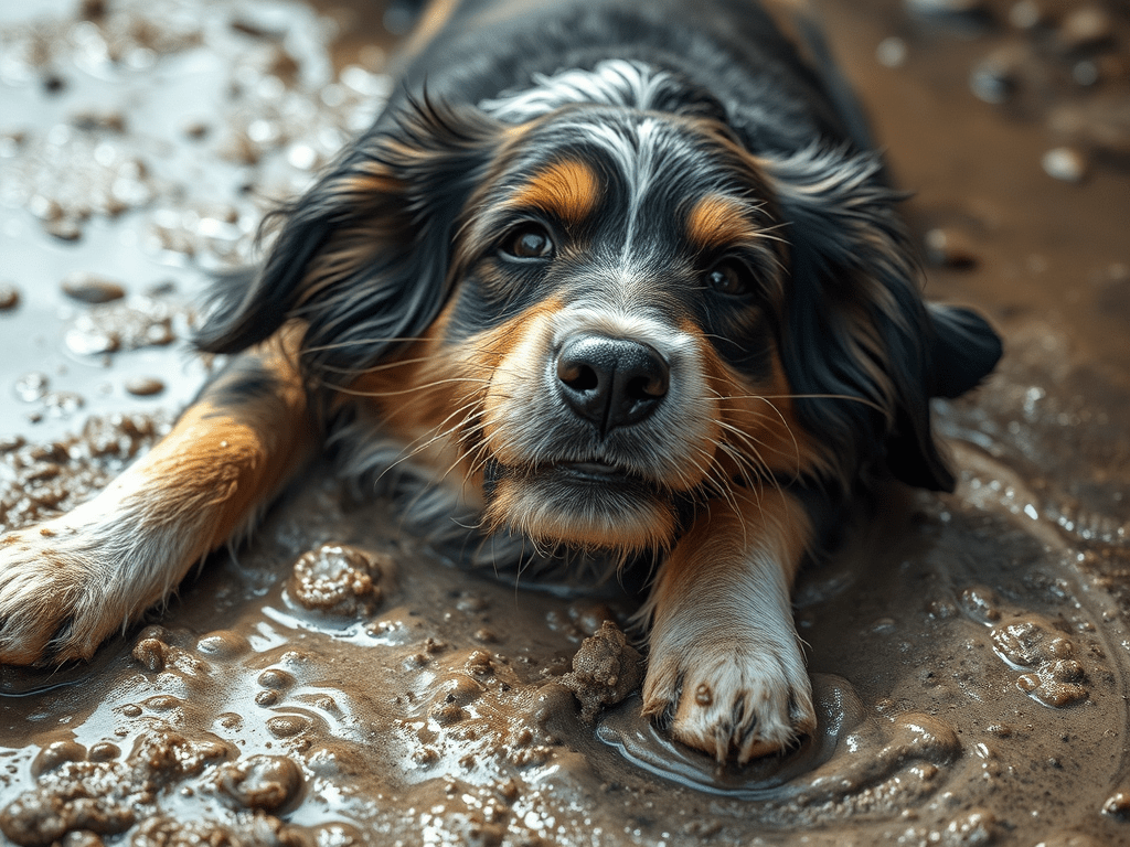 Dog rolling in other dog poo or wet mess including diarrhoea. Sprinkle and sweep with ECO PAWZ CLEANUP for pet accidents