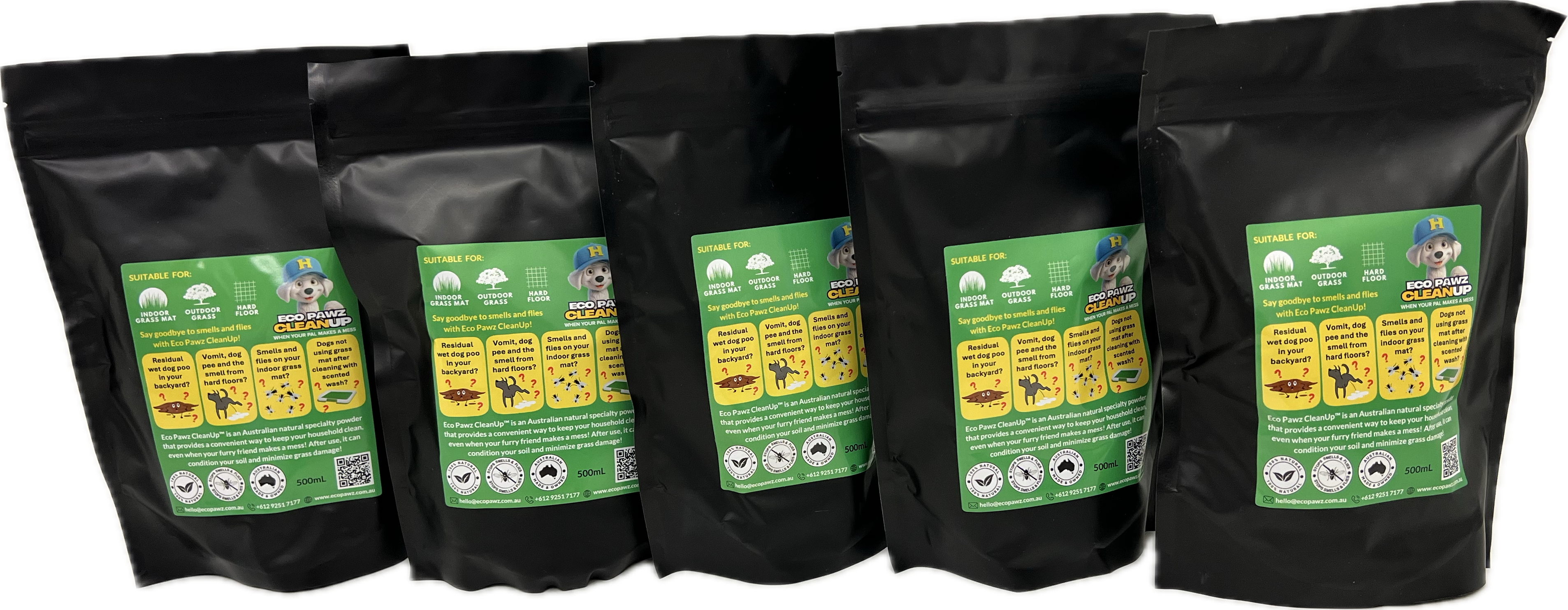 500mL Eco Pawz CleanUp® pouch — high-demand dog odour and mess control for retailers. Diatomaceous earth and attapulgite clay adsorbent powder blend neutralises accidents fast. Pet-safe, Aussie-made, and gone before it stinks!