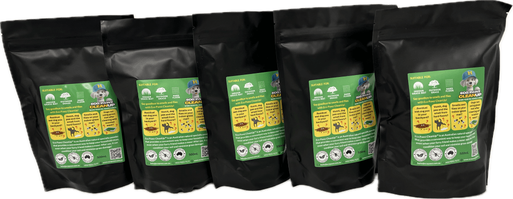 500mL Eco Pawz CleanUp® pouch — high-demand dog odour and mess control for retailers. Diatomaceous earth and attapulgite clay adsorbent powder blend neutralises accidents fast. Pet-safe, Aussie-made, and gone before it stinks!