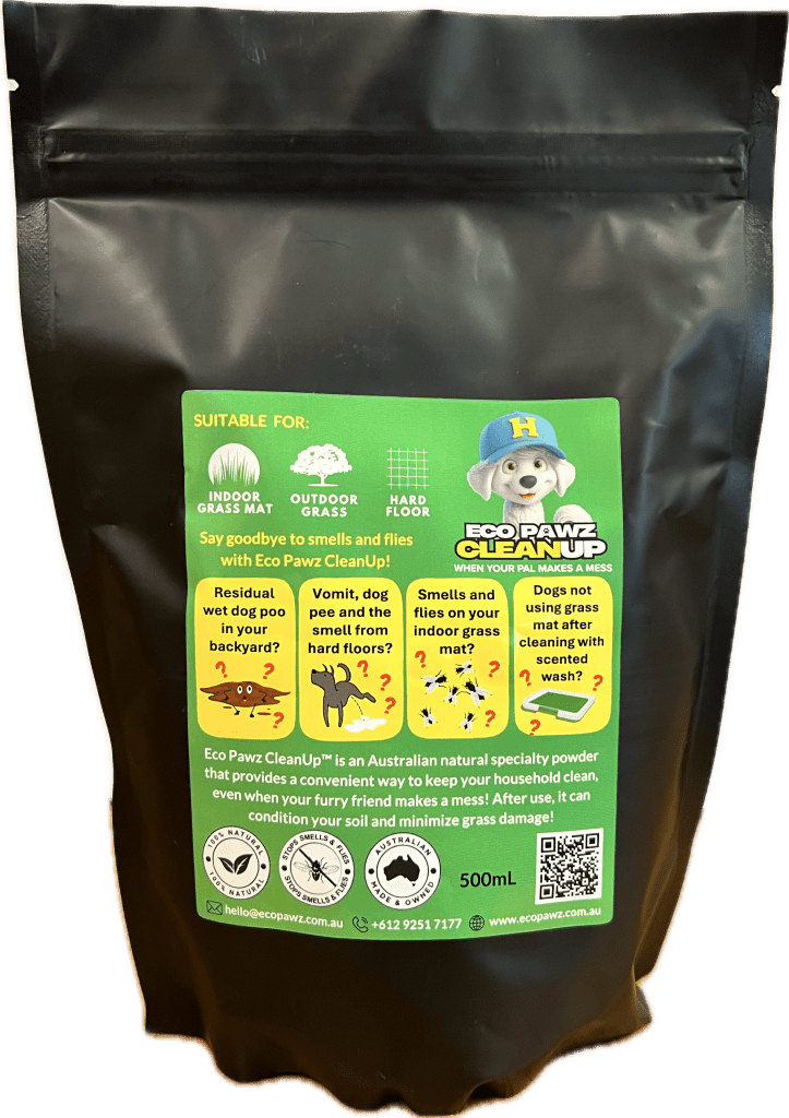 500mL Eco Pawz CleanUp® pouch — finally, a real fix for dog pee smells. Neutralise odour, protect your grass and love your backyard again with 100% Australian natural minerals - diatomaceous earth and attapulgite clay adsorbent powder composite blend. Safe for paws, lawns and peace of mind.
