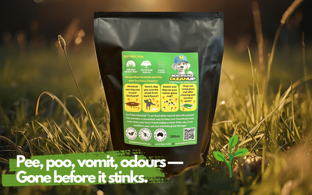 500mL Eco Pawz CleanUp® pouch — natural dog accident and odour control with diatomaceous earth and attapulgite clay adsorbent powder blend. Neutralises smells, absorbs mess, pet-safe, Aussie-made, and gone before it stinks! Many enzyme sprays fail to remove ammonia and moisture, leaving odours behind. For multi-dog households, high-traffic areas, and livestock environments, persistent smells are a major challenge.