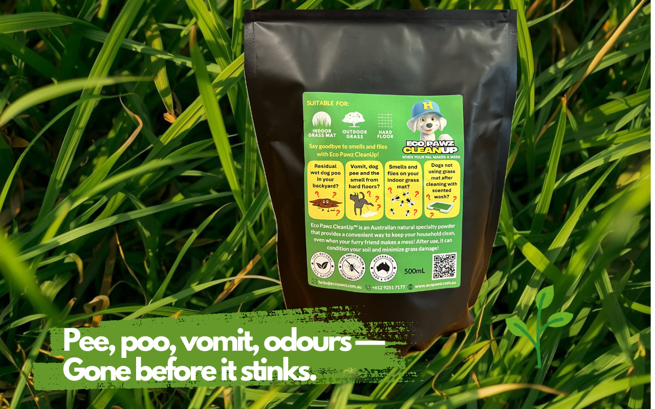 500mL Eco Pawz CleanUp® pouch — high-demand dog odour and mess control for retailers. Diatomaceous earth and attapulgite clay adsorbent powder blend neutralises accidents fast. Pet-safe, Aussie-made, and gone before it stinks!