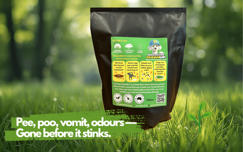 500mL Eco Pawz CleanUp® pouch — portable, mess-free dog cleanup with diatomaceous earth and attapulgite clay adsorbent powder blend. Perfect for home, car, or travel. Pet-safe, Aussie-made, and gone before it stinks!